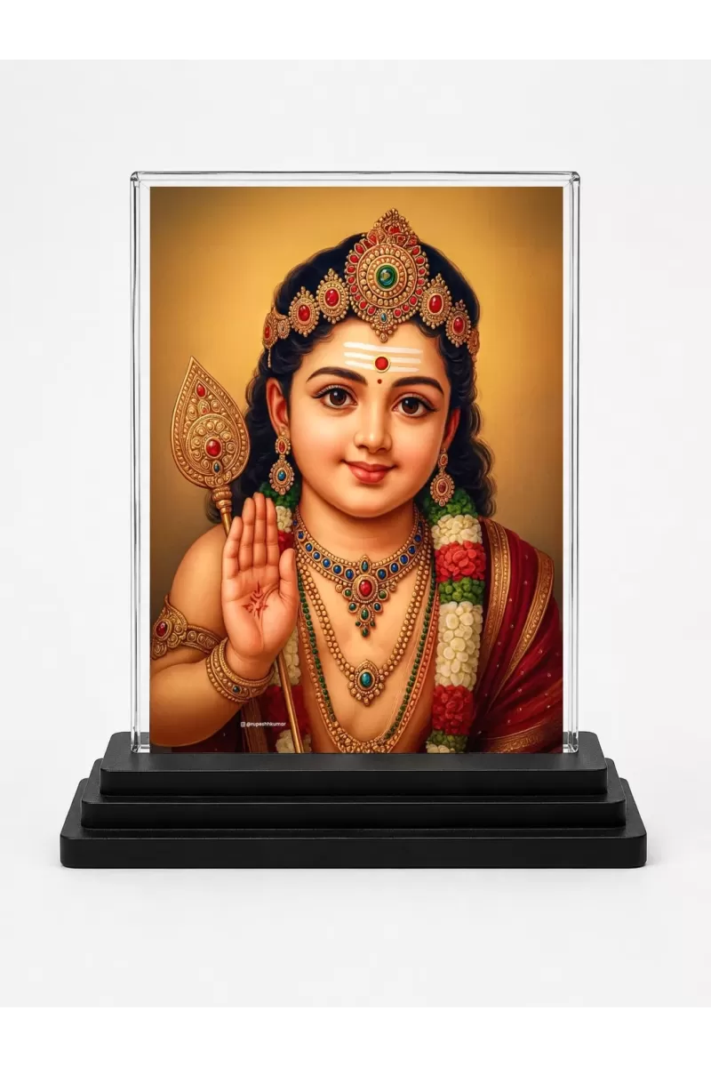 Murugan Acrylic Car Dashboard Showpiece | Double-Sided Murugan Photo Stand | 3 X 4 Inch Photo | Transparent Acrylic Frame With Black Base | Car Dashboard, Office & Table Decor (F70973)