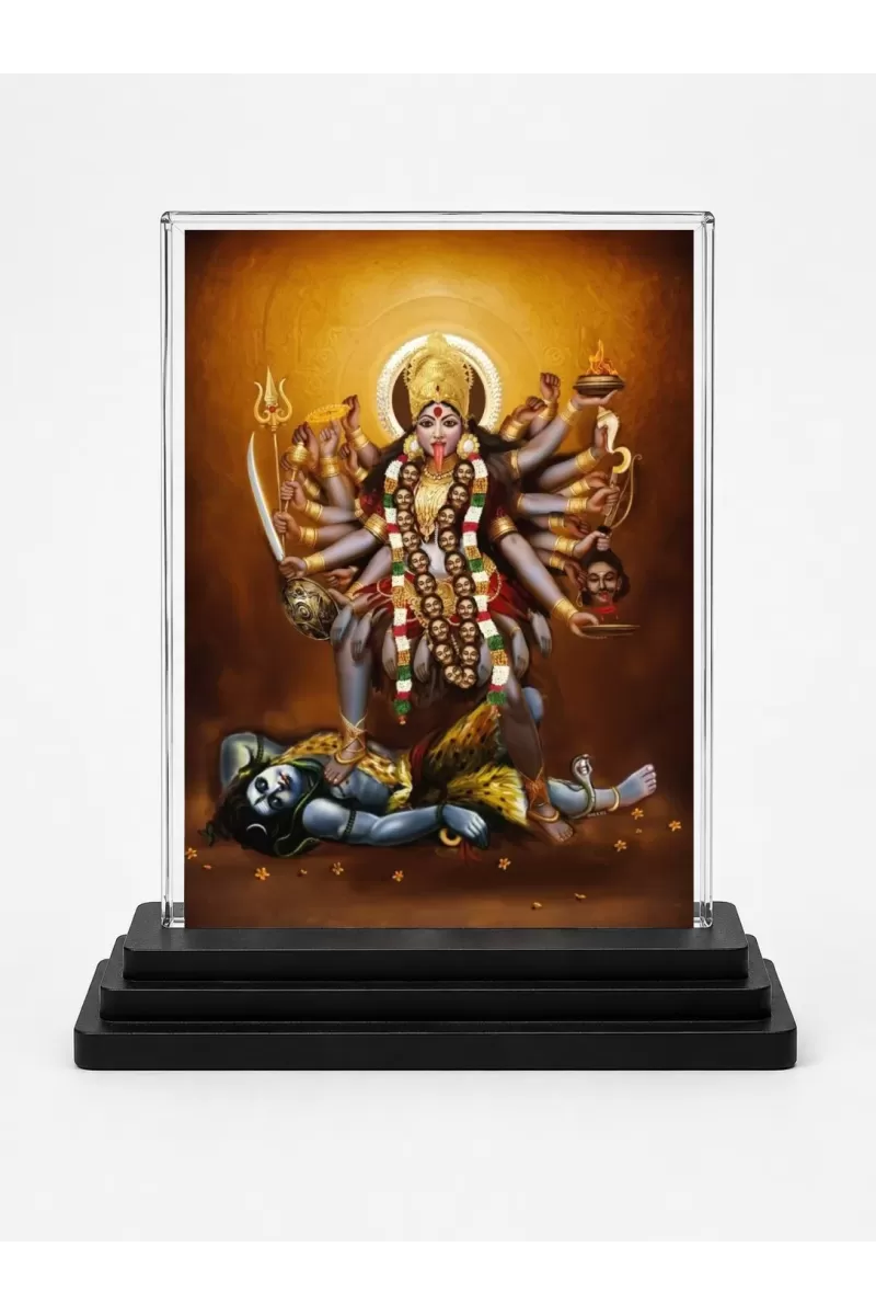 Ma Goddess Kali Acrylic Car Dashboard Showpiece | Double-Sided Ma Goddess Kali Photo Stand | 3 X 4 Inch Photo | Transparent Acrylic Frame With Black Base | Car Dashboard, Office & Table Decor (F70977)