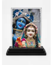 Radha Krishna Acrylic Car Dashboard Showpiece | Double-Sided Radha Krishna Photo Stand | 3 X 4 Inch Photo | Transparent Acrylic Frame With Black Base | Car Dashboard, Office & Table Decor (F70981)