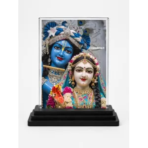Radha Krishna Acrylic Car Dashboard Showpiece | Double-Sided Radha Krishna Photo Stand | 3 X 4 Inch Photo | Transparent Acrylic Frame With Black Base | Car Dashboard, Office & Table Decor (F70981)
