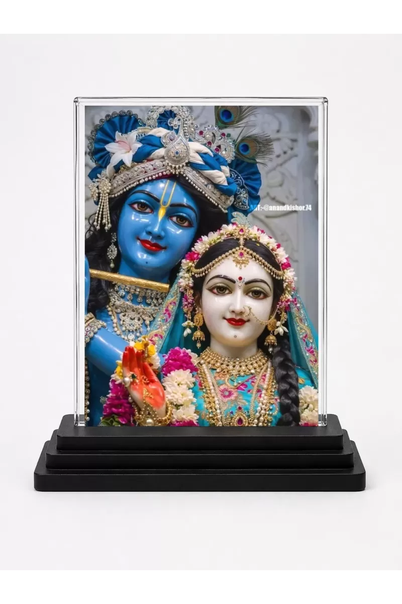 Radha Krishna Acrylic Car Dashboard Showpiece | Double-Sided Radha Krishna Photo Stand | 3 X 4 Inch Photo | Transparent Acrylic Frame With Black Base | Car Dashboard, Office & Table Decor (F70981)