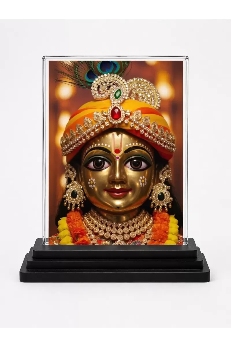 Shree Krishna Acrylic Car Dashboard Showpiece | Double-Sided Shree Krishna Photo Stand | 3 X 4 Inch Photo | Transparent Acrylic Frame With Black Base | Car Dashboard, Office & Table Decor (F70983)