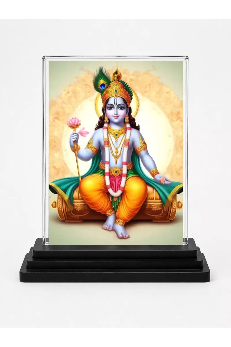 Shree Krishna Acrylic Car Dashboard Showpiece | Double-Sided Shree Krishna Photo Stand | 3 X 4 Inch Photo | Transparent Acrylic Frame With Black Base | Car Dashboard, Office & Table Decor (F70984)