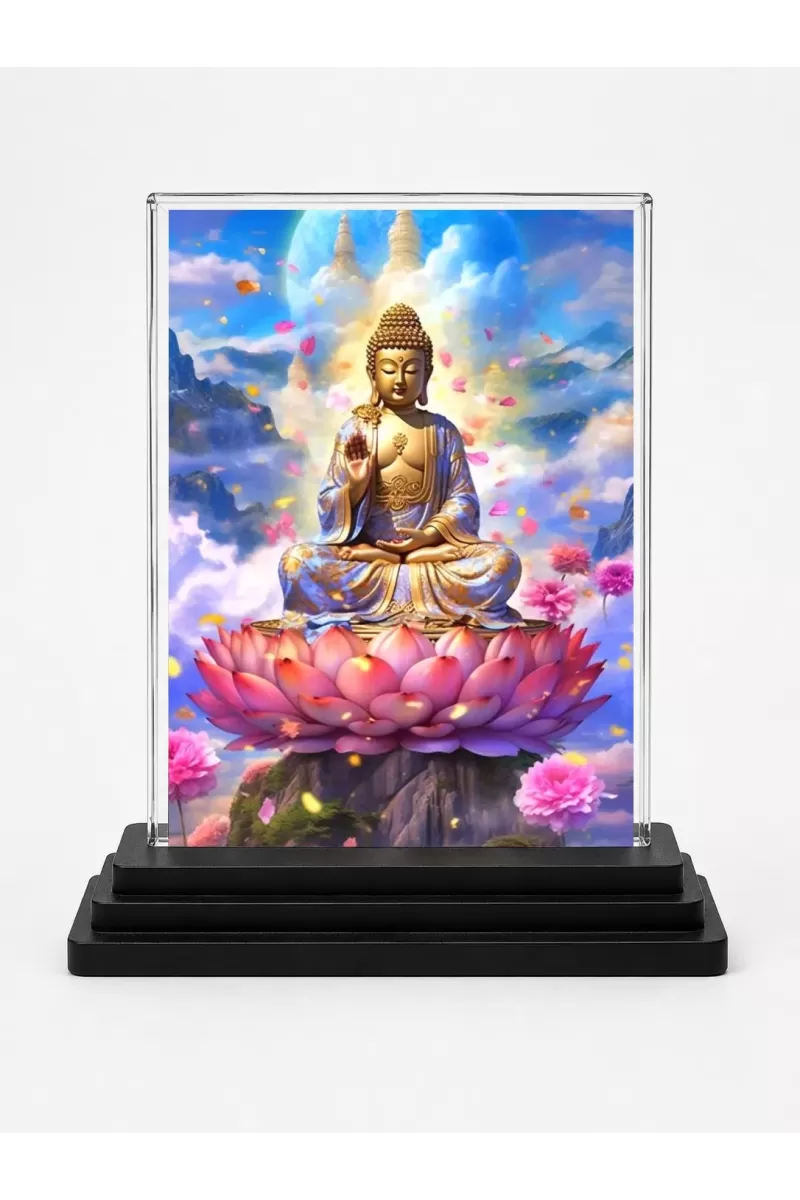 Gautama Buddha Acrylic Car Dashboard Showpiece | Double-Sided Gautama Buddha Photo Stand | 3 X 4 Inch Photo | Transparent Acrylic Frame With Black Base | Car Dashboard, Office & Table Decor (F70985)