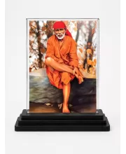Sai Baba Of Shirdi Acrylic Car Dashboard Showpiece | Double-Sided Sai Baba Of Shirdi Photo Stand | 3 X 4 Inch Photo | Transparent Acrylic Frame With Black Base | Car Dashboard, Office & Table Decor (F70986)
