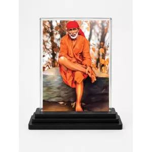 Sai Baba Of Shirdi Acrylic Car Dashboard Showpiece | Double-Sided Sai Baba Of Shirdi Photo Stand | 3 X 4 Inch Photo | Transparent Acrylic Frame With Black Base | Car Dashboard, Office & Table Decor (F70986)