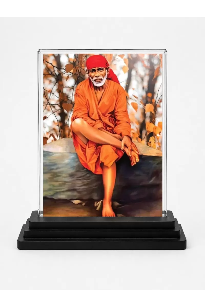 Sai Baba Of Shirdi Acrylic Car Dashboard Showpiece | Double-Sided Sai Baba Of Shirdi Photo Stand | 3 X 4 Inch Photo | Transparent Acrylic Frame With Black Base | Car Dashboard, Office & Table Decor (F70986)