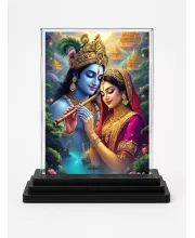 Shree Krishna And Shree Radha Acrylic Car Dashboard Showpiece | Double-Sided Shree Krishna And Shree Radha Photo Stand | 3 X 4 Inch Photo | Transparent Acrylic Frame With Black Base | Car Dashboard, Office & Table Decor (F70987)