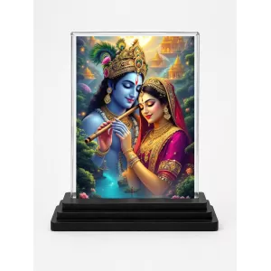 Shree Krishna And Shree Radha Acrylic Car Dashboard Showpiece | Double-Sided Shree Krishna And Shree Radha Photo Stand | 3 X 4 Inch Photo | Transparent Acrylic Frame With Black Base | Car Dashboard, Office & Table Decor (F70987)