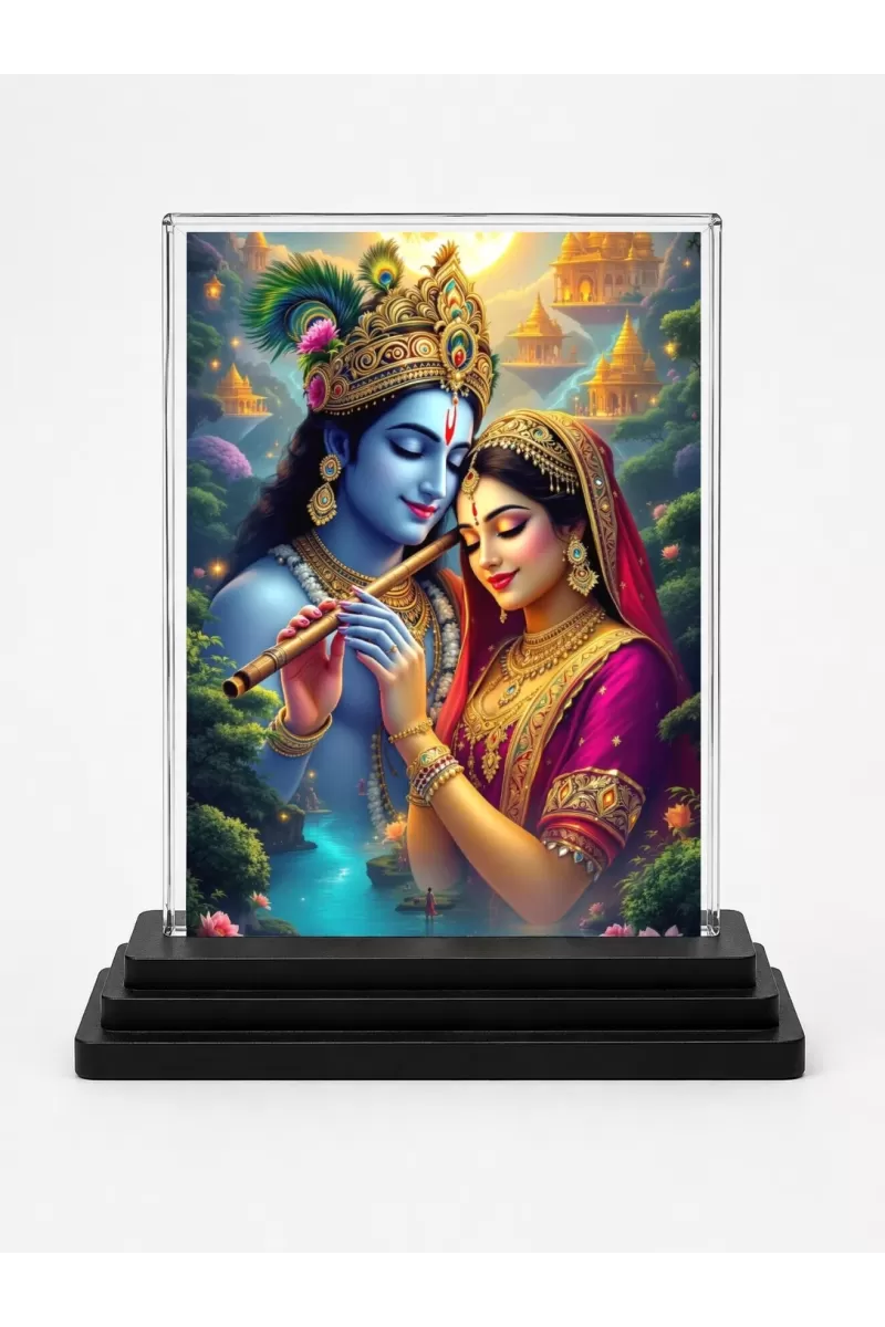 Shree Krishna And Shree Radha Acrylic Car Dashboard Showpiece | Double-Sided Shree Krishna And Shree Radha Photo Stand | 3 X 4 Inch Photo | Transparent Acrylic Frame With Black Base | Car Dashboard, Office & Table Decor (F70987)