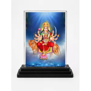 Goddess Durga Acrylic Car Dashboard Showpiece | Double-Sided Goddess Durga Photo Stand | 3 X 4 Inch Photo | Transparent Acrylic Frame With Black Base | Car Dashboard, Office & Table Decor (F70988)