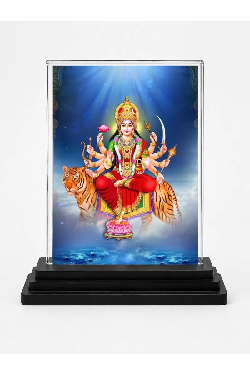 Goddess Durga Acrylic Car Dashboard Showpiece | Double-Sided Goddess Durga Photo Stand | 3 X 4 Inch Photo | Transparent Acrylic Frame With Black Base | Car Dashboard, Office & Table Decor (F70988)