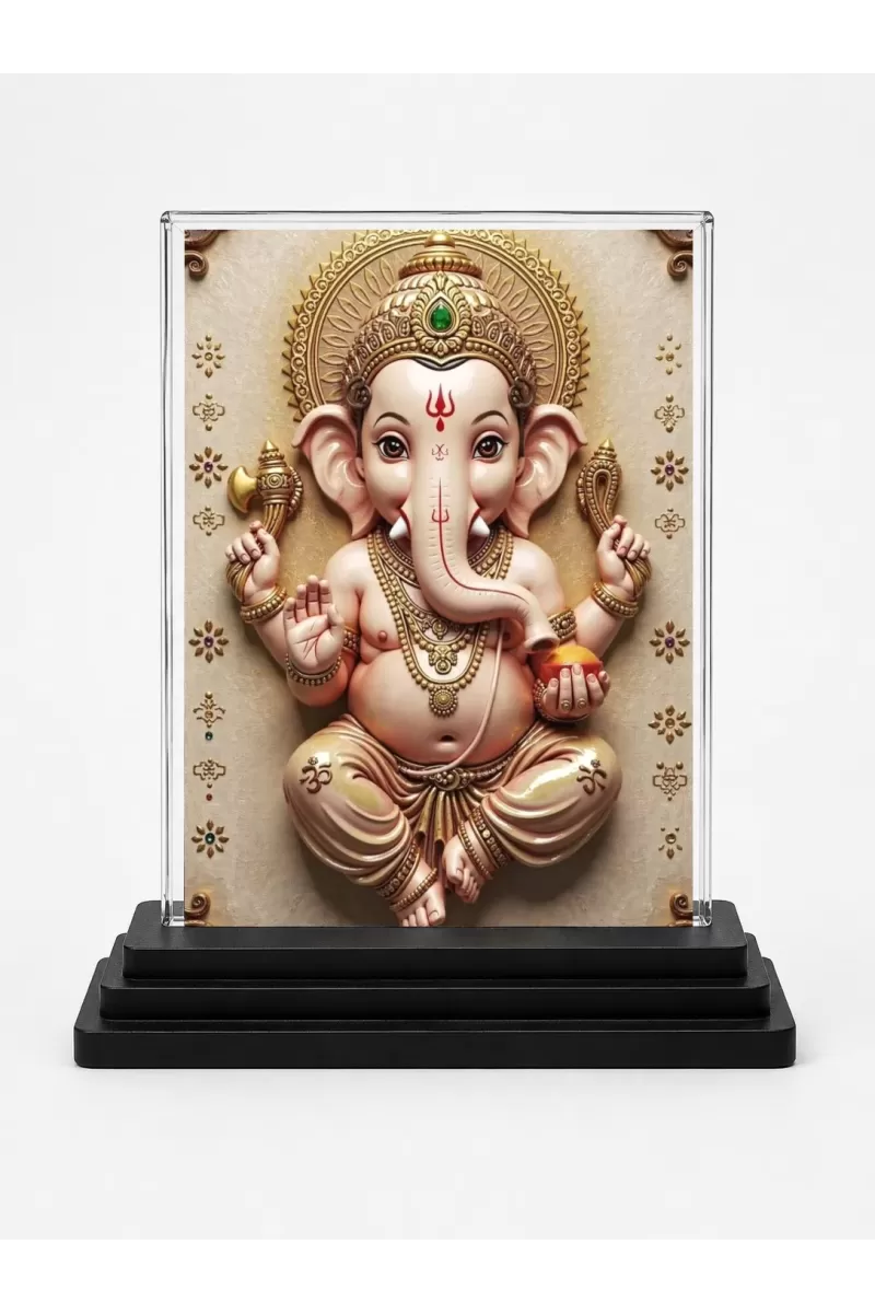Ganesha Acrylic Car Dashboard Showpiece | Double-Sided Ganesha Photo Stand | 3 X 4 Inch Photo | Transparent Acrylic Frame With Black Base | Car Dashboard, Office & Table Decor (F70989)