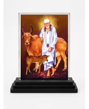 Shirdi Sai Baba Acrylic Car Dashboard Showpiece | Double-Sided Shirdi Sai Baba Photo Stand | 3 X 4 Inch Photo | Transparent Acrylic Frame With Black Base | Car Dashboard, Office & Table Decor (F70990)