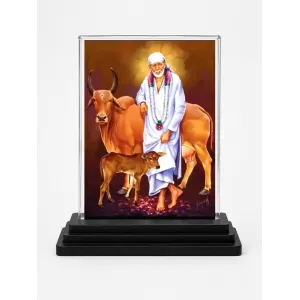 Shirdi Sai Baba Acrylic Car Dashboard Showpiece | Double-Sided Shirdi Sai Baba Photo Stand | 3 X 4 Inch Photo | Transparent Acrylic Frame With Black Base | Car Dashboard, Office & Table Decor (F70990)