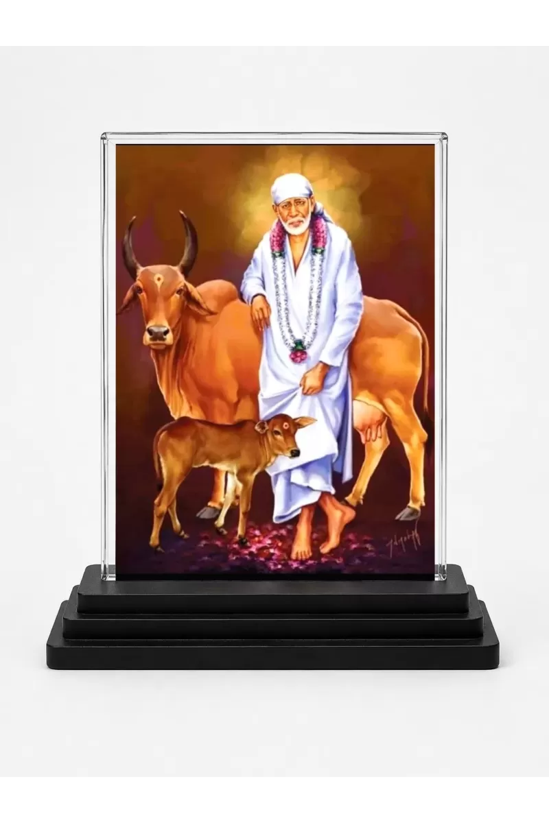 Shirdi Sai Baba Acrylic Car Dashboard Showpiece | Double-Sided Shirdi Sai Baba Photo Stand | 3 X 4 Inch Photo | Transparent Acrylic Frame With Black Base | Car Dashboard, Office & Table Decor (F70990)