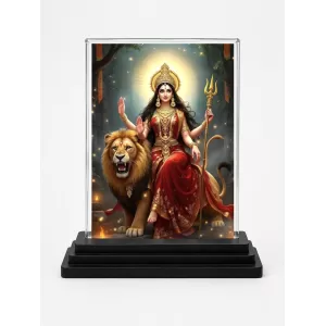 Durga Acrylic Car Dashboard Showpiece | Double-Sided Durga Photo Stand | 3 X 4 Inch Photo | Transparent Acrylic Frame With Black Base | Car Dashboard, Office & Table Decor (F70991)