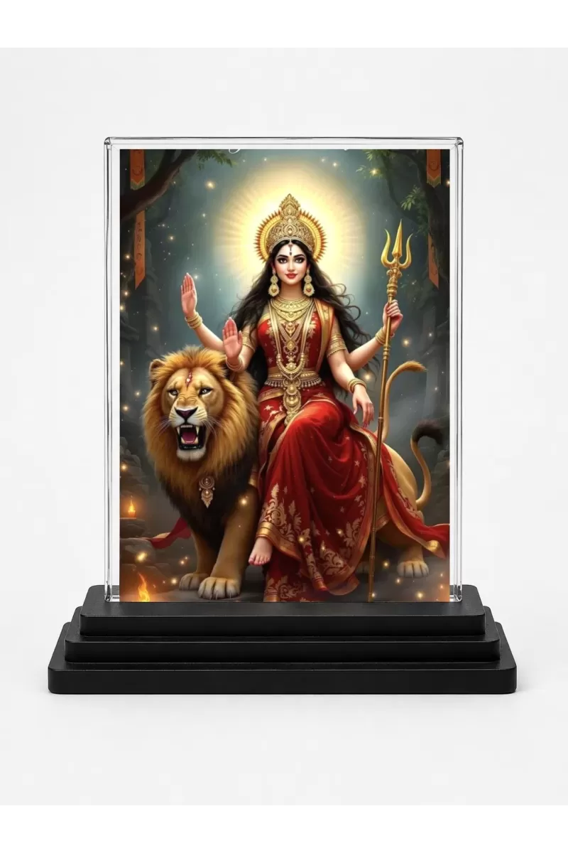 Durga Acrylic Car Dashboard Showpiece | Double-Sided Durga Photo Stand | 3 X 4 Inch Photo | Transparent Acrylic Frame With Black Base | Car Dashboard, Office & Table Decor (F70991)