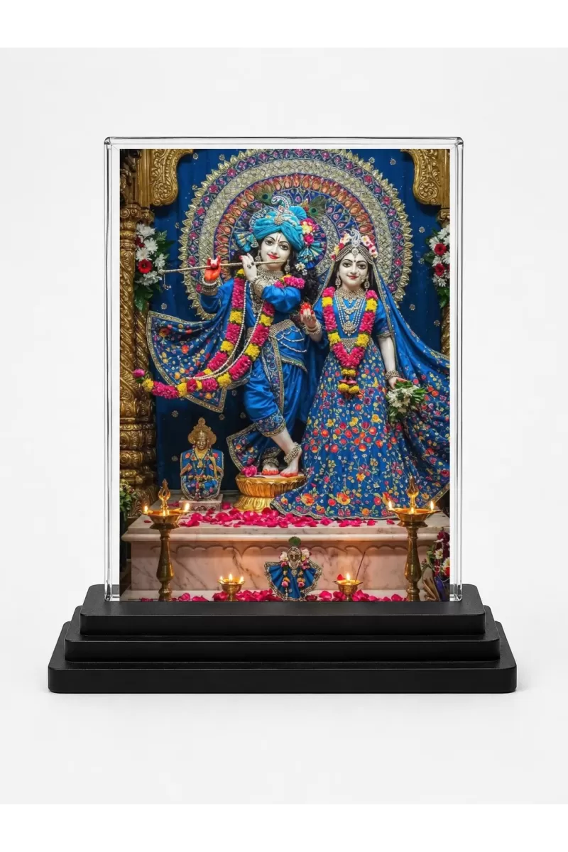 Shree Radha Shree Krishna Acrylic Car Dashboard Showpiece | Double-Sided Shree Radha Shree Krishna Photo Stand | 3 X 4 Inch Photo | Transparent Acrylic Frame With Black Base | Car Dashboard, Office & Table Decor (F70992)