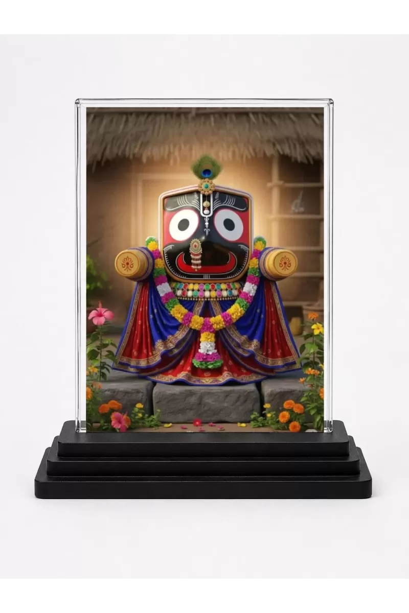 Lord Jagannatha Acrylic Car Dashboard Showpiece | Double-Sided Lord Jagannatha Photo Stand | 3 X 4 Inch Photo | Transparent Acrylic Frame With Black Base | Car Dashboard, Office & Table Decor (F70997)