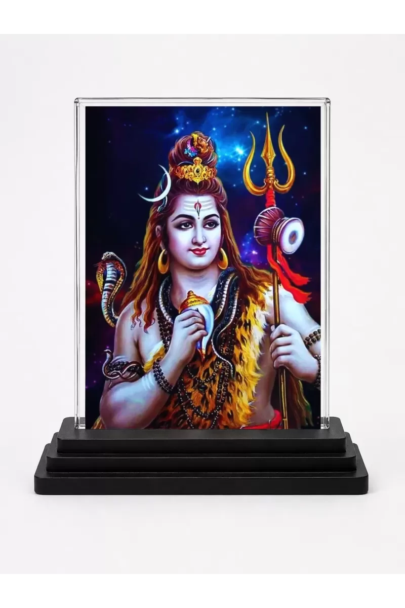 Lord Shiva Acrylic Car Dashboard Showpiece | Double-Sided Lord Shiva Photo Stand | 3 X 4 Inch Photo | Transparent Acrylic Frame With Black Base | Car Dashboard, Office & Table Decor (F70999)