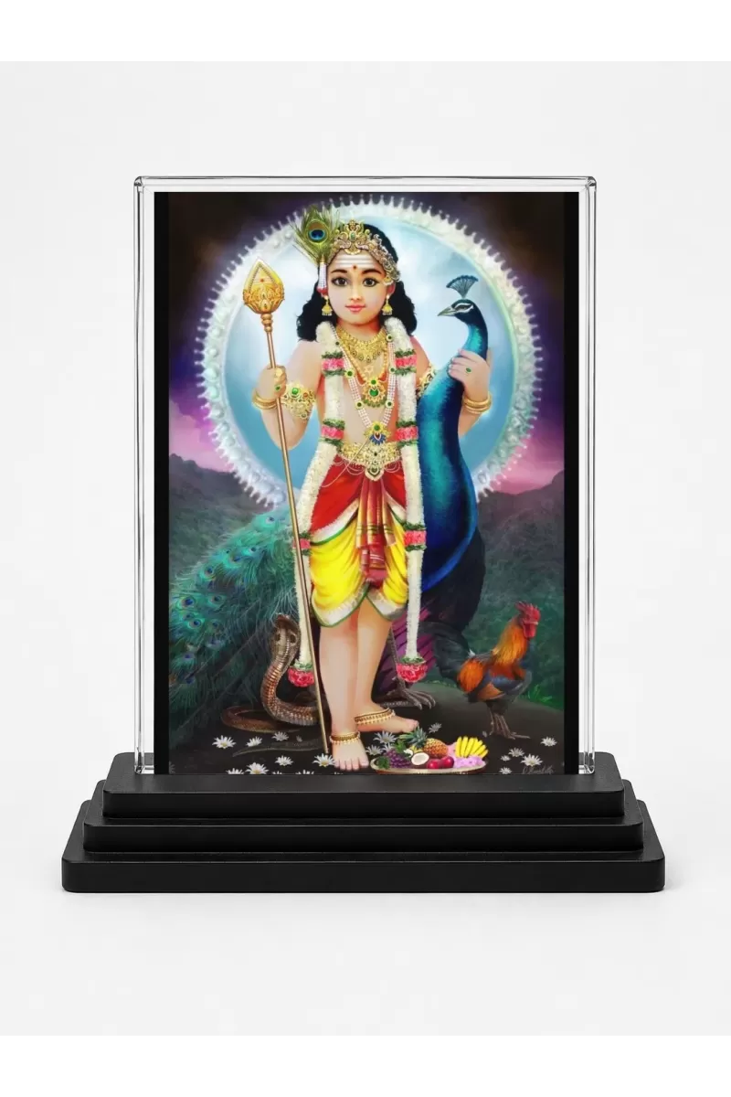 Lord Murugan Acrylic Car Dashboard Showpiece | Double-Sided Lord Murugan Photo Stand | 3 X 4 Inch Photo | Transparent Acrylic Frame With Black Base | Car Dashboard, Office & Table Decor (F71000)