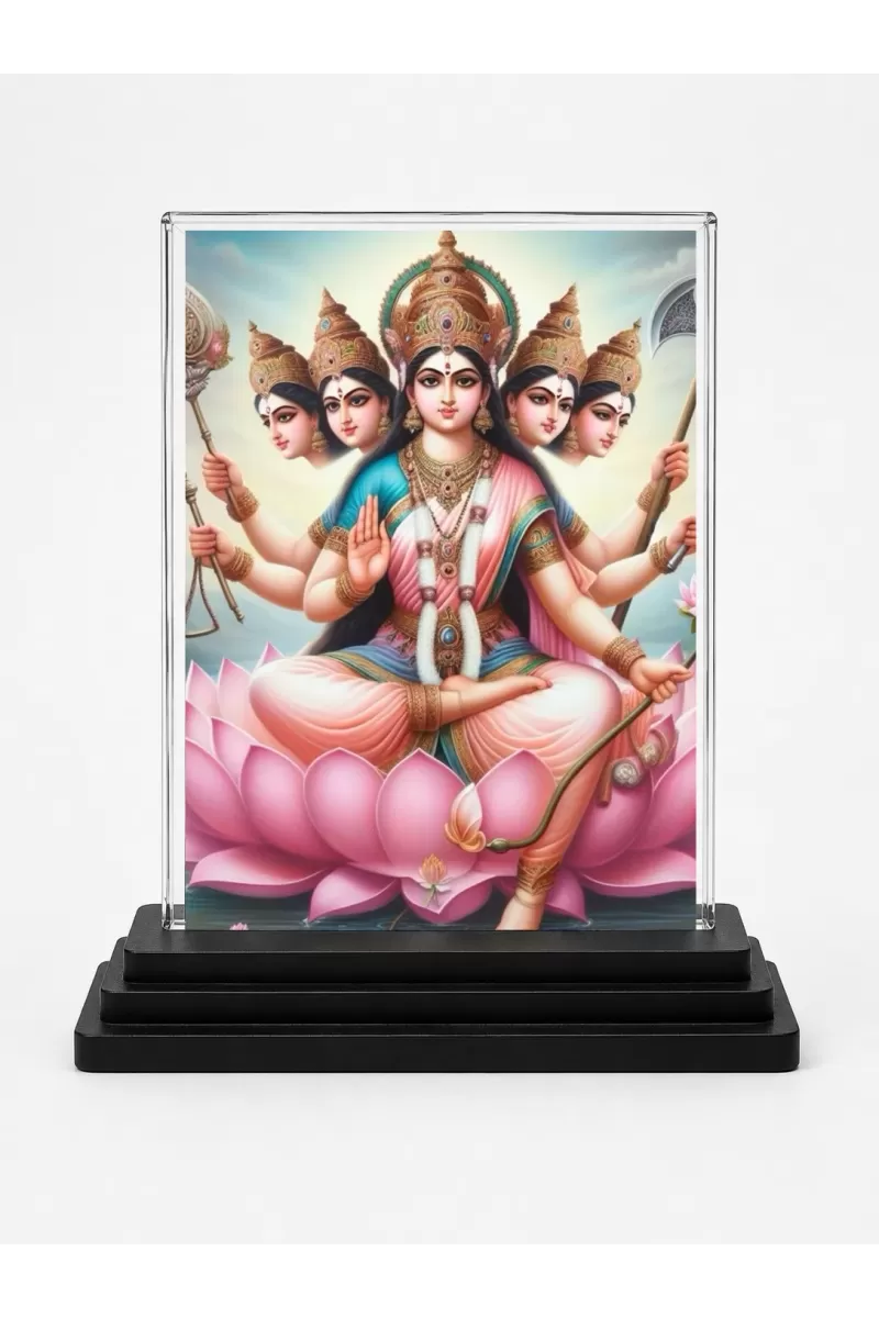 Gayatri Acrylic Car Dashboard Showpiece | Double-Sided Gayatri Photo Stand | 3 X 4 Inch Photo | Transparent Acrylic Frame With Black Base | Car Dashboard, Office & Table Decor (F71001)