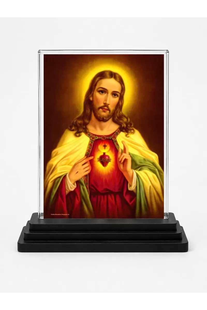 Jesus Christ Acrylic Car Dashboard Showpiece | Double-Sided Jesus Christ Photo Stand | 3 X 4 Inch Photo | Transparent Acrylic Frame With Black Base | Car Dashboard, Office & Table Decor (F71002)