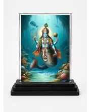 Matsya Avatar Shree Vishnu Acrylic Car Dashboard Showpiece | Double-Sided Matsya Avatar Shree Vishnu Photo Stand | 3 X 4 Inch Photo | Transparent Acrylic Frame With Black Base | Car Dashboard, Office & Table Decor (F71003)