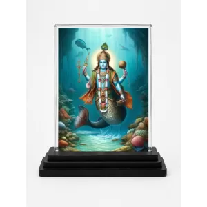 Matsya Avatar Shree Vishnu Acrylic Car Dashboard Showpiece | Double-Sided Matsya Avatar Shree Vishnu Photo Stand | 3 X 4 Inch Photo | Transparent Acrylic Frame With Black Base | Car Dashboard, Office & Table Decor (F71003)