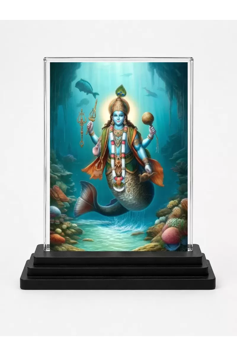 Matsya Avatar Shree Vishnu Acrylic Car Dashboard Showpiece | Double-Sided Matsya Avatar Shree Vishnu Photo Stand | 3 X 4 Inch Photo | Transparent Acrylic Frame With Black Base | Car Dashboard, Office & Table Decor (F71003)