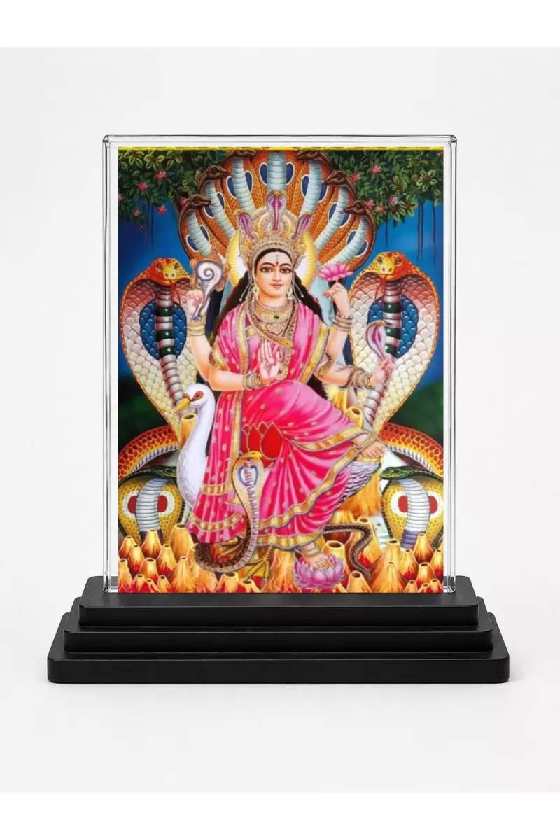 Manasa Devi Acrylic Car Dashboard Showpiece | Double-Sided Manasa Devi Photo Stand | 3 X 4 Inch Photo | Transparent Acrylic Frame With Black Base | Car Dashboard, Office & Table Decor (F71004)