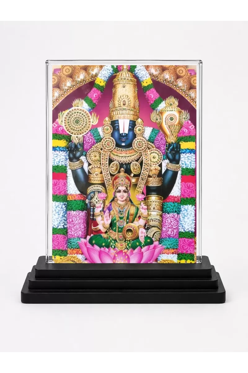 Tirupati Balaji Acrylic Car Dashboard Showpiece | Double-Sided Tirupati Balaji Photo Stand | 3 X 4 Inch Photo | Transparent Acrylic Frame With Black Base | Car Dashboard, Office & Table Decor (F71005)