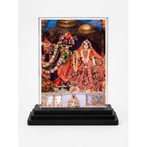 Radha Shree Krishna Acrylic Car Dashboard Showpiece | Double-Sided Radha Shree Krishna Photo Stand | 3 X 4 Inch Photo | Transparent Acrylic Frame With Black Base | Car Dashboard, Office & Table Decor (F71006)