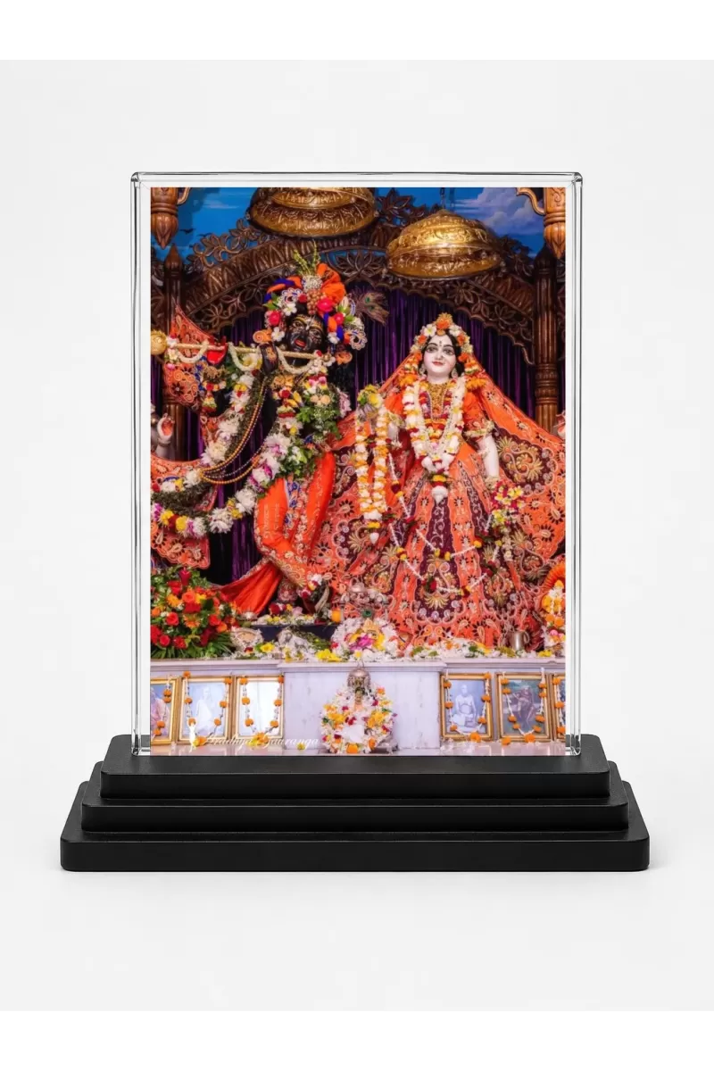 Radha Shree Krishna Acrylic Car Dashboard Showpiece | Double-Sided Radha Shree Krishna Photo Stand | 3 X 4 Inch Photo | Transparent Acrylic Frame With Black Base | Car Dashboard, Office & Table Decor (F71006)
