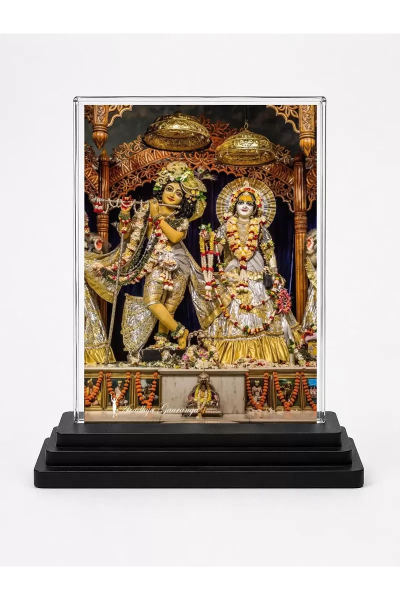 Shree Krishna And Shree Radha Acrylic Car Dashboard Showpiece | Double-Sided Shree Krishna And Shree Radha Photo Stand | 3 X 4 Inch Photo | Transparent Acrylic Frame With Black Base | Car Dashboard, Office & Table Decor (F71007)