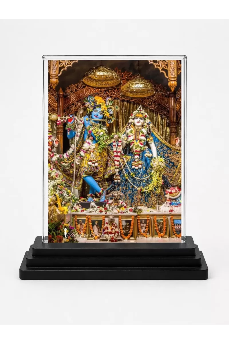 Radha Shree Krishna Acrylic Car Dashboard Showpiece | Double-Sided Radha Shree Krishna Photo Stand | 3 X 4 Inch Photo | Transparent Acrylic Frame With Black Base | Car Dashboard, Office & Table Decor (F71008)