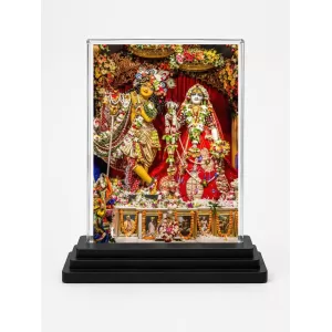 Radha Shree Krishna Acrylic Car Dashboard Showpiece | Double-Sided Radha Shree Krishna Photo Stand | 3 X 4 Inch Photo | Transparent Acrylic Frame With Black Base | Car Dashboard, Office & Table Decor (F71009)