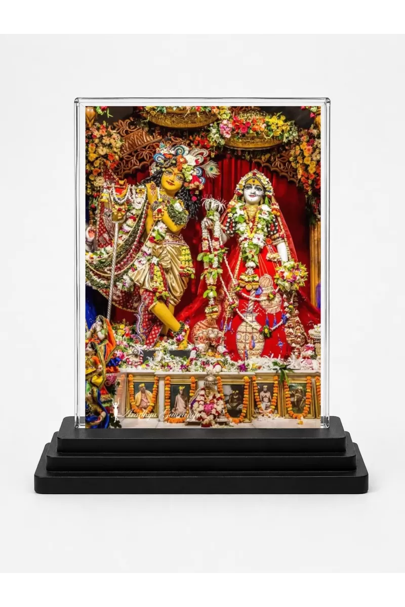 Radha Shree Krishna Acrylic Car Dashboard Showpiece | Double-Sided Radha Shree Krishna Photo Stand | 3 X 4 Inch Photo | Transparent Acrylic Frame With Black Base | Car Dashboard, Office & Table Decor (F71009)