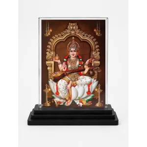 Goddess Saraswati Acrylic Car Dashboard Showpiece | Double-Sided Goddess Saraswati Photo Stand | 3 X 4 Inch Photo | Transparent Acrylic Frame With Black Base | Car Dashboard, Office & Table Decor (F71011)