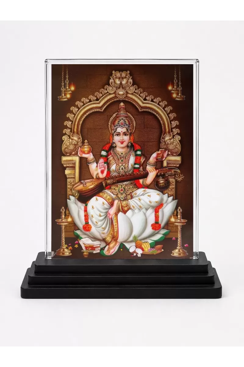 Goddess Saraswati Acrylic Car Dashboard Showpiece | Double-Sided Goddess Saraswati Photo Stand | 3 X 4 Inch Photo | Transparent Acrylic Frame With Black Base | Car Dashboard, Office & Table Decor (F71011)