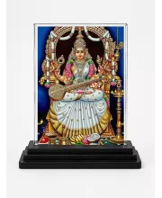 Goddess Saraswati Acrylic Car Dashboard Showpiece | Double-Sided Goddess Saraswati Photo Stand | 3 X 4 Inch Photo | Transparent Acrylic Frame With Black Base | Car Dashboard, Office & Table Decor (F71013)