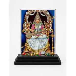 Goddess Saraswati Acrylic Car Dashboard Showpiece | Double-Sided Goddess Saraswati Photo Stand | 3 X 4 Inch Photo | Transparent Acrylic Frame With Black Base | Car Dashboard, Office & Table Decor (F71013)