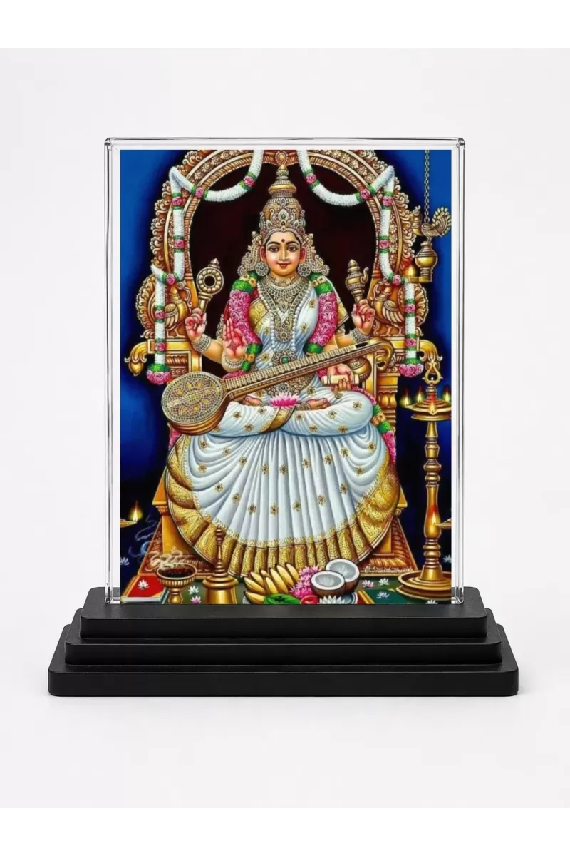 Goddess Saraswati Acrylic Car Dashboard Showpiece | Double-Sided Goddess Saraswati Photo Stand | 3 X 4 Inch Photo | Transparent Acrylic Frame With Black Base | Car Dashboard, Office & Table Decor (F71013)