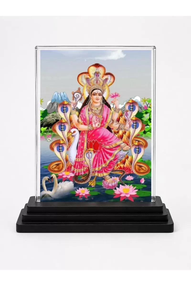 Manasa Devi Acrylic Car Dashboard Showpiece | Double-Sided Manasa Devi Photo Stand | 3 X 4 Inch Photo | Transparent Acrylic Frame With Black Base | Car Dashboard, Office & Table Decor (F71014)