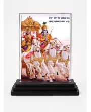 Shree Krishna And Arjuna Acrylic Car Dashboard Showpiece | Double-Sided Shree Krishna And Arjuna Photo Stand | 3 X 4 Inch Photo | Transparent Acrylic Frame With Black Base | Car Dashboard, Office & Table Decor (F71016)