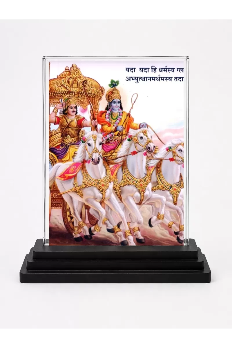 Shree Krishna And Arjuna Acrylic Car Dashboard Showpiece | Double-Sided Shree Krishna And Arjuna Photo Stand | 3 X 4 Inch Photo | Transparent Acrylic Frame With Black Base | Car Dashboard, Office & Table Decor (F71016)