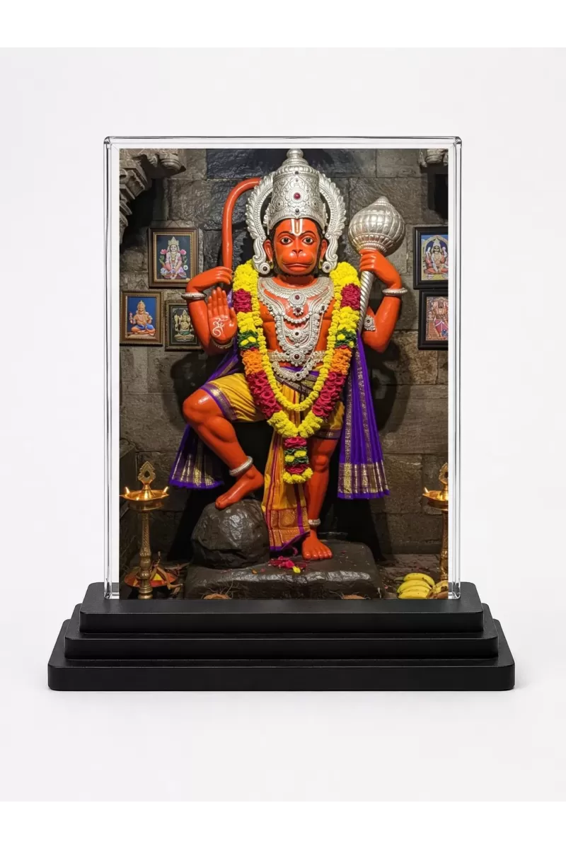 Hanuman Acrylic Car Dashboard Showpiece | Double-Sided Hanuman Photo Stand | 3 X 4 Inch Photo | Transparent Acrylic Frame With Black Base | Car Dashboard, Office & Table Decor (F71018)