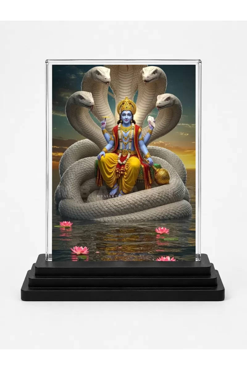 Lord Vishnu Acrylic Car Dashboard Showpiece | Double-Sided Lord Vishnu Photo Stand | 3 X 4 Inch Photo | Transparent Acrylic Frame With Black Base | Car Dashboard, Office & Table Decor (F71019)