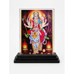 Goddess Durga Acrylic Car Dashboard Showpiece | Double-Sided Goddess Durga Photo Stand | 3 X 4 Inch Photo | Transparent Acrylic Frame With Black Base | Car Dashboard, Office & Table Decor (F71020)